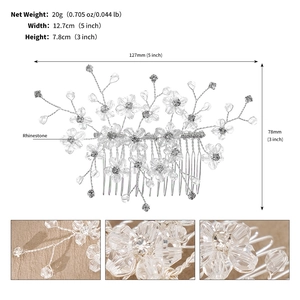 Detail of handmade silver bridal hair comb with crystal flowers and rhinestones