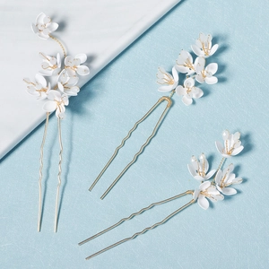 Set d'épingles à cheveux de mariage avec fleurs en acrylique blanc et métal doré en U