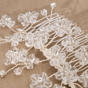 Handmade silver bridal hair comb with transparent crystal flowers and beaded metal wire