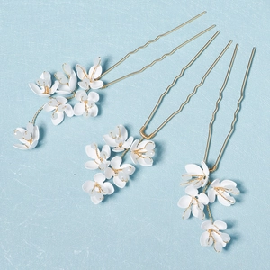 Lot de 3 épingles à cheveux en U pour mariée avec fleurs en acrylique blanc et fil doré