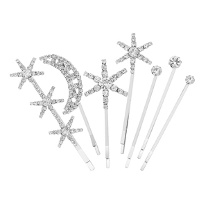 Lot de 7 barrettes argentées étoile et lune avec strass brillants pour femmes
