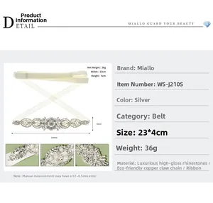 Détails de la ceinture de mariée en strass argentés avec dimensions et spécifications
