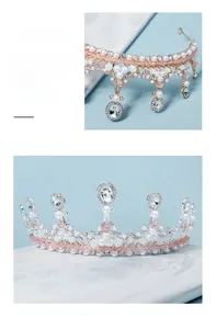 Macro detail of handmade silver crown with pink crystals and pearls on blue background