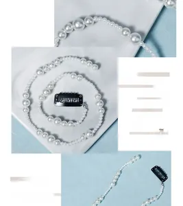 Détail d'une longue chaîne de cheveux en perles de mariée avec pinces en métal noir