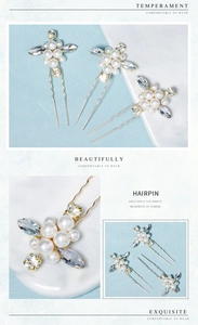 Vue détaillée de trois épingles à cheveux en U avec perles blanches et strass brillants