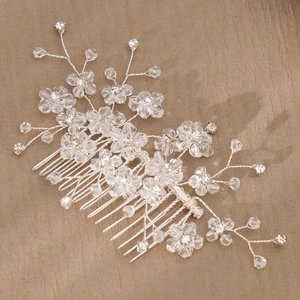 Handmade bridal hair comb with silver wire crystal flowers and delicate beads for weddings