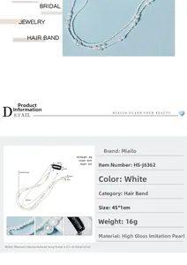 Vue détaillée de l'accessoire de cheveux double chaîne en perles avec dimensions et finitions