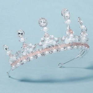 Baroque bridal tiara with silver alloy, white pearls, crystals and pink beads