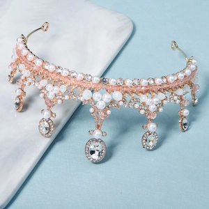 Baroque bridal crown with pearls and crystals in rose gold finish for wedding parties