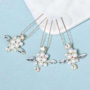 Épingles à cheveux en forme de U dorées avec perles blanches et strass brillants
