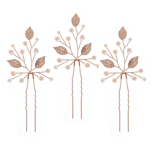 Handmade rose gold bridal hair pin set with beads and metal leaves for wedding hairstyles