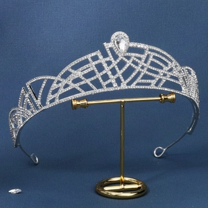 Elegant bridal tiara with silver alloy rhinestones and a large pear-shaped centerpiece stone