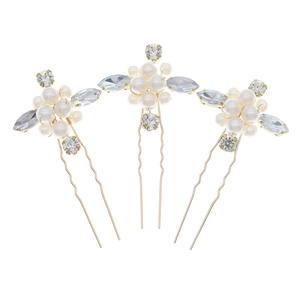 Ensemble d'épingles à cheveux en U élégantes avec perles blanches et cristaux dorés