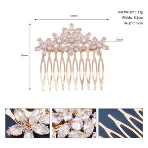 Detailed dimensions of bridal zircon hair comb featuring gold metal and white stones