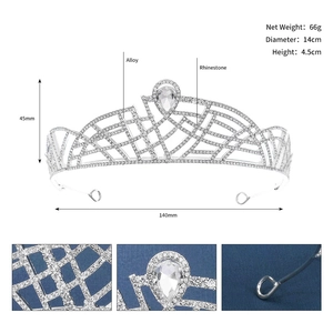 Detailed specs of alloy bridal tiara with rhinestones weighing 66g and 14cm wide
