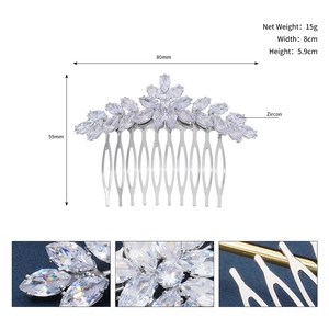 Detailed view of silver zircon hair comb showing marquise cut stones and 80mm dimensions