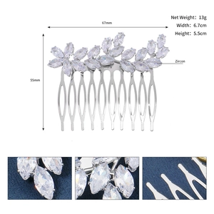 Detail view of silver bridal hair comb with zircon marquise crystals and size dimensions