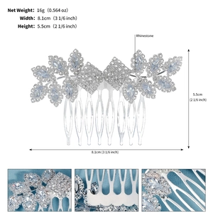Macro detail of silver hair comb with blue rhinestones showing dimensions and fine texture