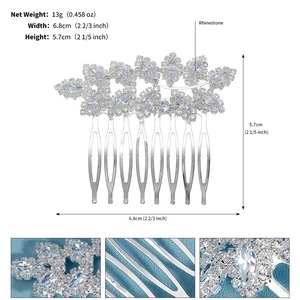 Detailed size specifications for a silver leaf hair comb with zircons and rhinestones