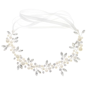 Romantic bridal headband with white pearls and sparkling rhinestones on silver wire