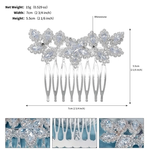Detailed view of silver flower hair comb with zircon stones showing dimensions and weight