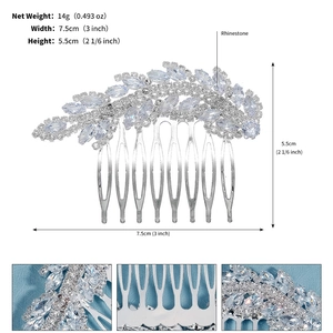 Detailed view of silver leaf hair comb with sparkling rhinestones, 7.5cm x 5.5cm size