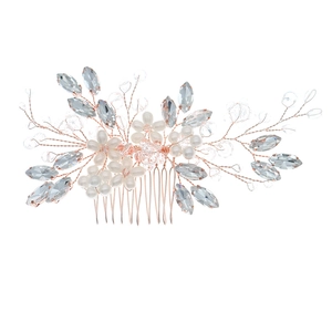 Elegante roségouden haarkam met witte parels en marquise kristallen bloem voor bruiden
