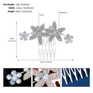 Detail view of silver zircon flower hair comb with dimensions 8.3cm width and 6cm height