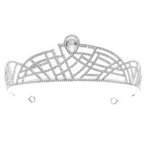 Silver bridal tiara with intricate alloy design and teardrop rhinestone center stone