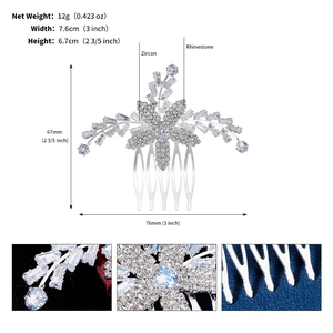 Detailed view of zircon flower hair comb showing size 7.6cm x 6.7cm and rhinestones