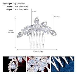 Macro detail of silver zircon flower hair comb showing precise dimensions and stone settings
