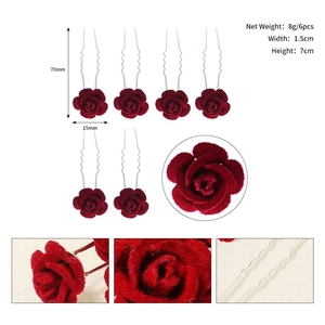 Set of 6 vintage red velvet rose U-shaped hair pins with silver wavy alloy metal stems