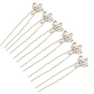 Set di 6 forcine a U in argento con motivi floreali a foglia decorati con strass