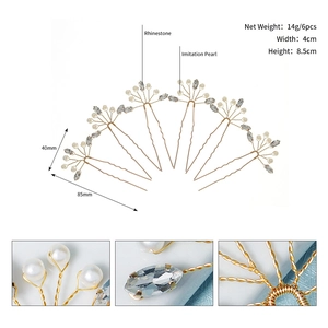 Detailed close-up of 6pcs U-shaped bridal hair pins with rhinestones and white pearls