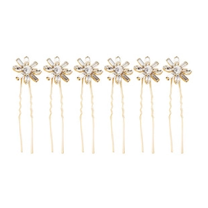 Set di sei forcine dorate a forma di U con fiori in strass scintillanti e petali eleganti