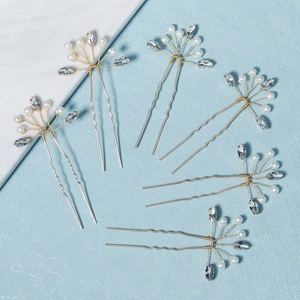 Gold Alloy Flower U-Shaped Hairpins With White Imitation Artificial Pearls Transparent Rhinestones Bridal Wedding Party Hair Jewelry For Women