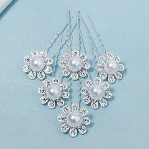 Set di 6 forcine a fiore argento con perle bianche e strass per acconciature da sposa