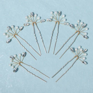 6-piece gold bridal hair pin set with white pearls and sparkling marquise crystals