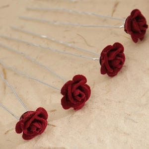Retro red velvet rose hair pins with silver U-shape metal clips for bridal hair styling