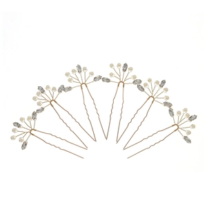 Set of 6 gold U-shaped bridal hair pins with white pearls and sparkling waterdrop crystals