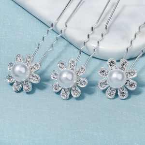 Set di 3 forcine per capelli a girasole in argento con perle e strass su sfondo blu