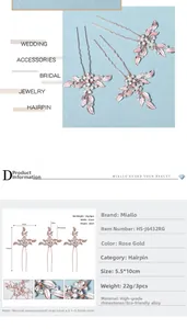 Détail d'épingles à cheveux de mariée en or rose avec strass, perles et feuilles