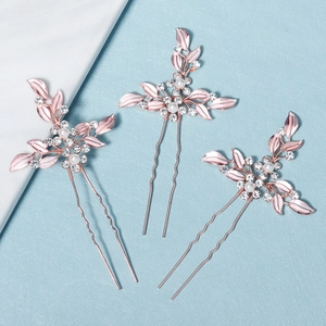 Épingles à Cheveux de Mariée Élégantes Or Rose Alliage Strass Fausse Künstliche Perle Fleur Feuille Fourches à Cheveux en U Femme Bijoux
