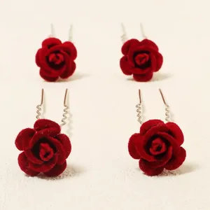 Set of 4 red velvet rose U-shaped hair pins for vintage Chinese style hairstyles