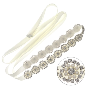 Elegant bridal wedding belt with sunflower pearl rhinestones on ivory satin ribbon