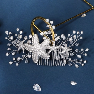 Starfish Bridal Hair Comb Handmade Silver Alloy Rhinestone Crystal Artificial Pearl Wedding Headpiece Elegant Women Hair Accessories