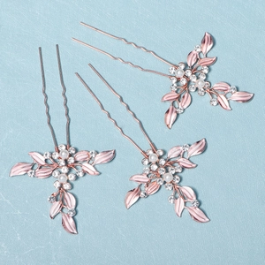 Lot de 3 épingles à cheveux mariage or rose avec feuilles émaillées et cristaux