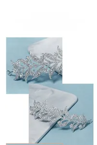 Macro detail of leaf-shaped bridal headband with rhinestones and copper wire winding