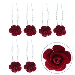 Set of 6 vintage red rose U-shaped hair pins with velvet texture for traditional hairstyles
