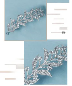 Detailed macro view of silver bridal headband featuring crystal rhinestone leaf patterns